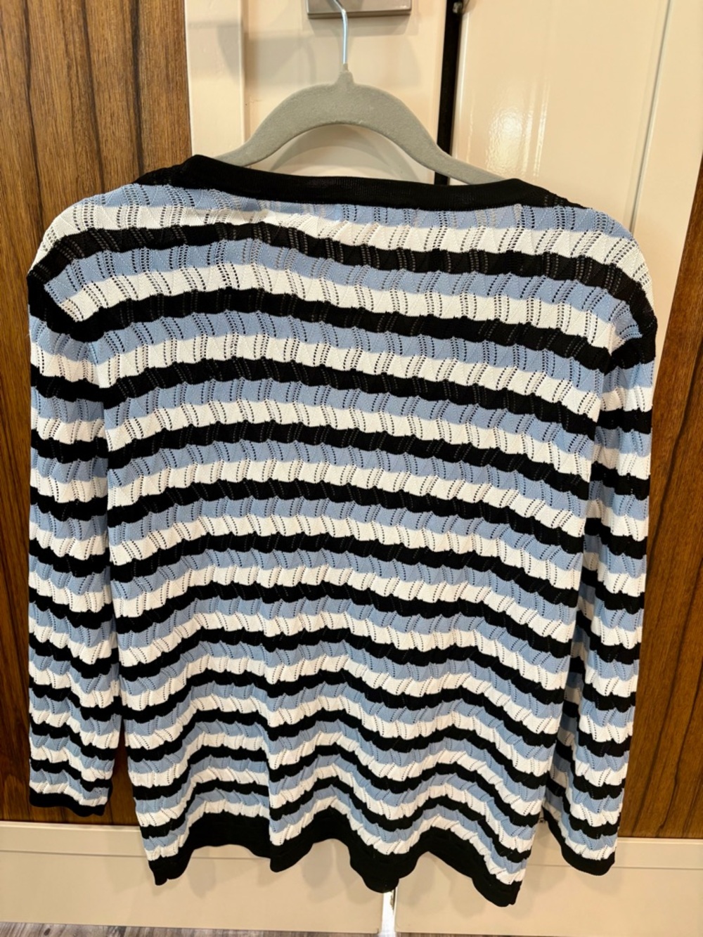 Elie Tahari Black, White & Light Blue Striped Scoop Neck Sweater - Picture 3 of 5